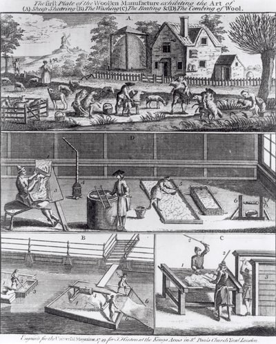 The First Plate of the Woollen Manufacture Exhibiting the Art of Sheep Shearing, The Washing, The Beating and The Combing of Wool, engraved for the Universal Magazine, 1749 by English School